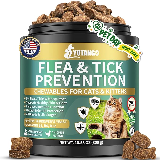 Natural Flea Treatment for Cats Chewables, 200 Soft Treats Flea and Tick Prevention for Cats, Oral Flea Supplement for Kitten Cat, Cat Flea and Tick Treatment, Skin & Coat Support - All Breeds & Ages