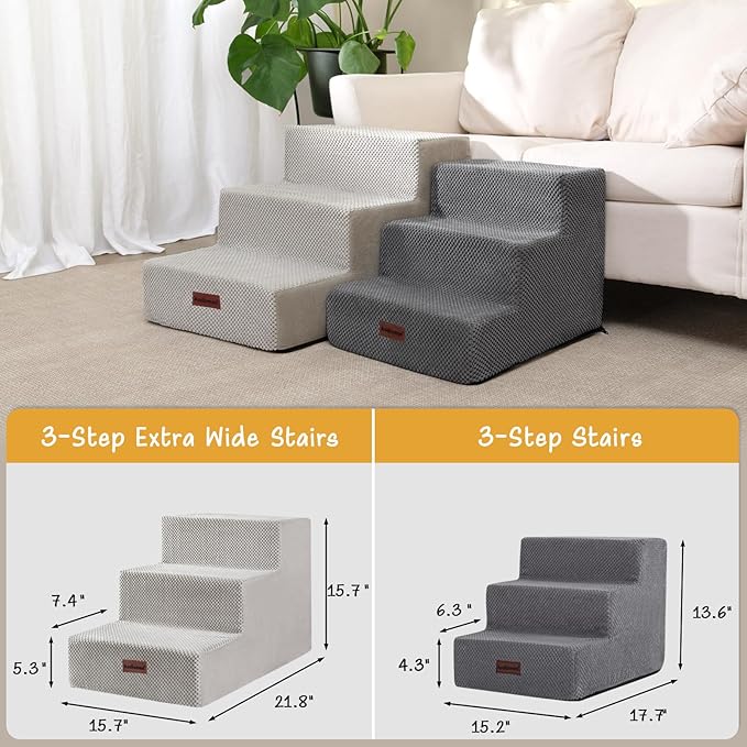 Aodisman Dog Stairs for Small Dogs & Cats, 3-Step Extra Wide Non-Slip Pet Steps for Couch Sofa and Chair, Light Grey, 15.7" H