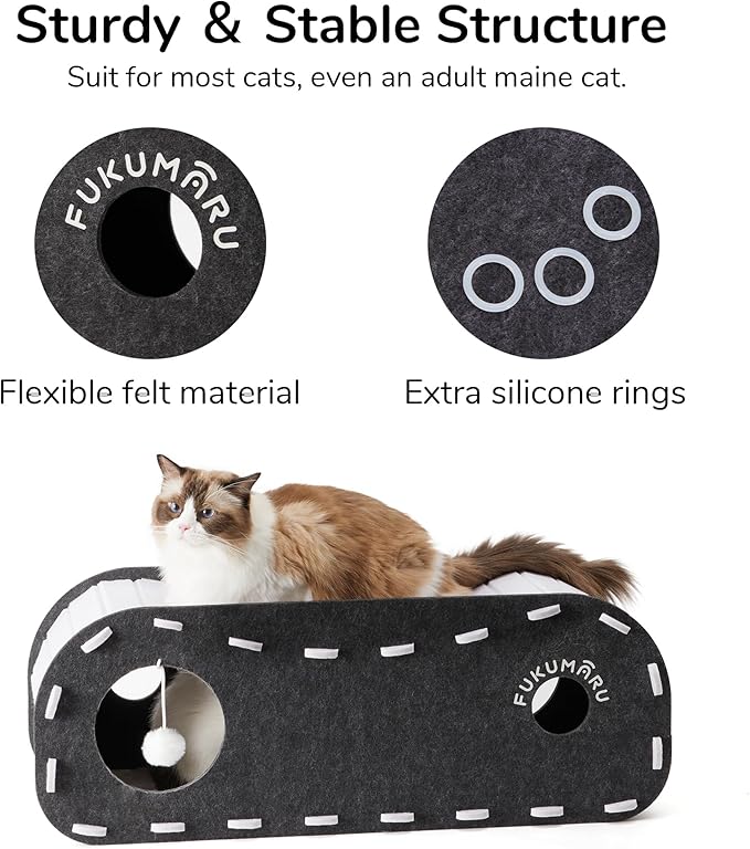 FUKUMARU Cat Beds for Indoor Pets 31.5 Inch, Extra Long Cozy Cat Bed Cave Tunnel for Multiple & Large Cats, Felt Kitten Hideaway House with Fluffy Ball, Scratch Resistant, Warm & Safe, Black