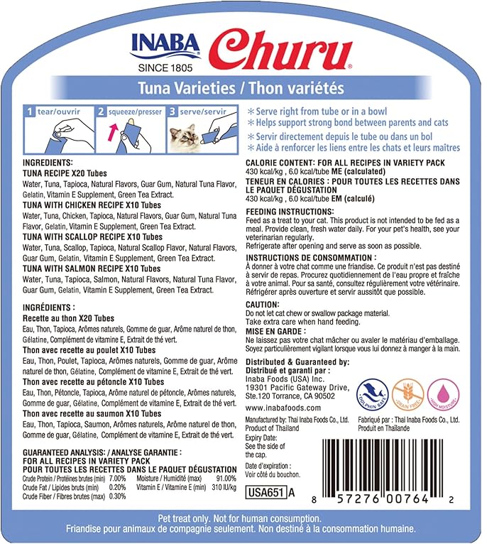 INABA Bundle Churu Cat Treats, Lickable, Squeezable Creamy Purée with Vitamin E & Taurine, 0.5 Ounces Each Tube, Tuna & Chicken Variety and Tuna Variety 100 Tubes Total