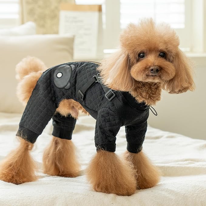 Puppia Quilo Warm Cute Winter Jumpsuit with Integrated Harness for Small and Medium Dogs, Black, Medium