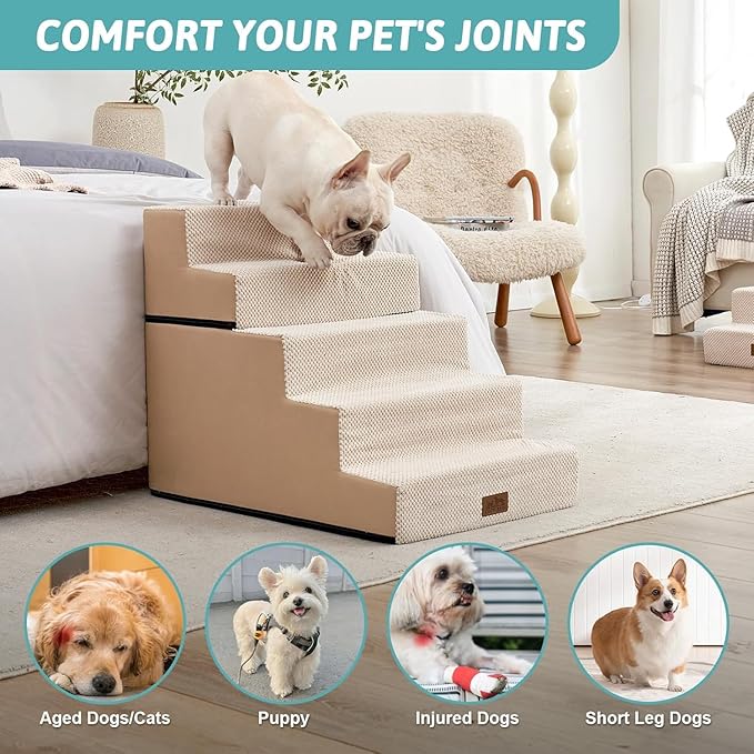 COZY KISS Dog Stairs for Small Dogs, 17.7" Extra Wide Detachable Pet Stairs for Couch and Bed, 23.6" H Non-Slip Dog Steps for Puppies and Old Cats, 17.7x29.5x23.6 inch, Beige
