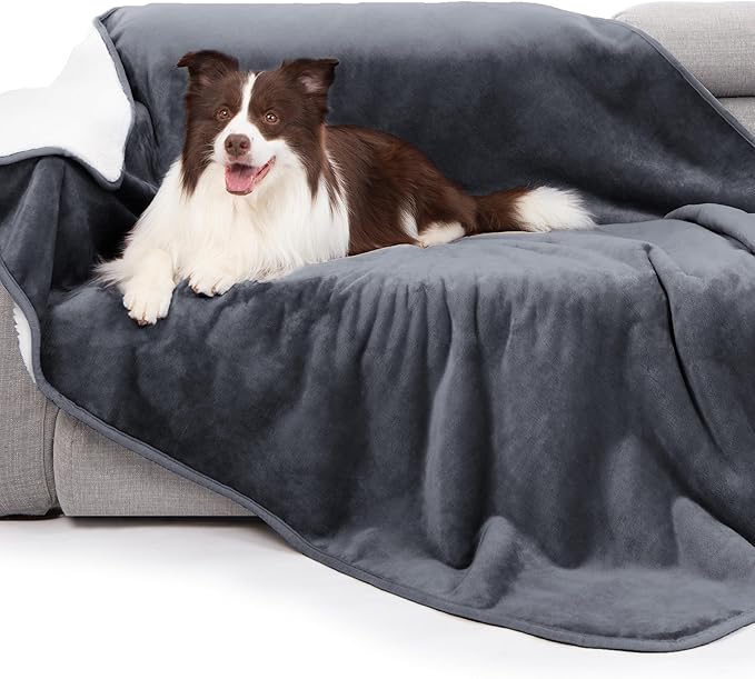 gogobunny Waterproof Bed Blanket, Reversible Sherpa Fleece Throw Blanket for Dog Puppy Cat, Furniture Cover Protects Bed Couch Sofa from Liquid Pee and Pet Fur (Dark Grey, 90x108 inches)