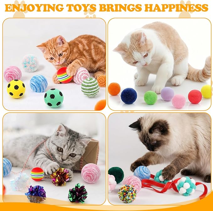 Leitee Cat Toy Balls Bulk with 1 Cat Paw Gift Storage Bags Set - Variety Interactive Kitten Toys Bundle with Crinkle Ball, Balls, Bells for Cats Mom Kittens and Indoor Cats Chase Pounce Rattle Play