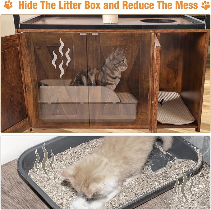 Cat Litter Box Enclosure,Hidden Litter Box Furniture with Metal Frame,Wooden Kitty House with Barn Door,Wooden Cat Washroom Furniture,Fit Most of Litter Box (Wood, M)