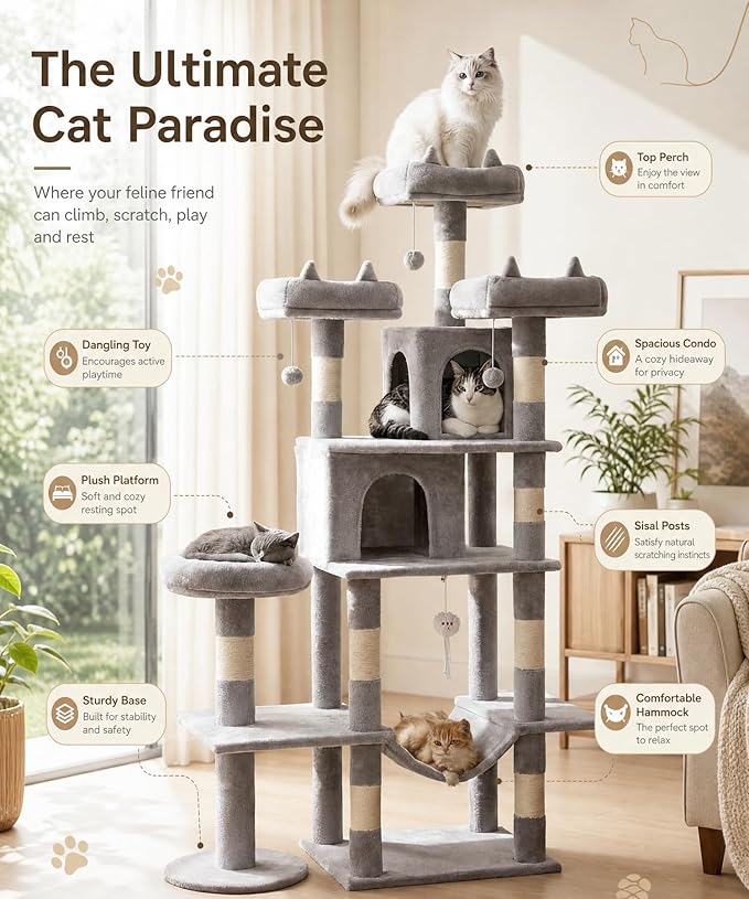 Heavy Duty Cat Tree for Indoor Cat, 71 Inch Large Cat Tower with Scratching Post and Top Perch, Hammock, Big Cat Condo for Adult Cats Kittens, PMT03GY, Grey