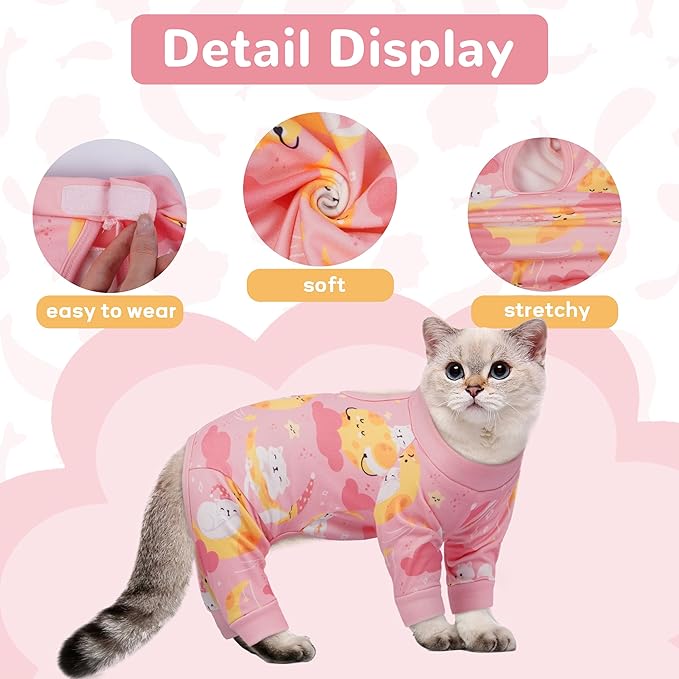 PUMYPOREITY Cat Hair Sticky Sweater, Stretchy 4-Leg Design for Fur Control, Recovery Suit - Breathable & Lightweight for Post-Surgery Protection, Cat Onsie Prevents Licking Wounds, Pink, XL
