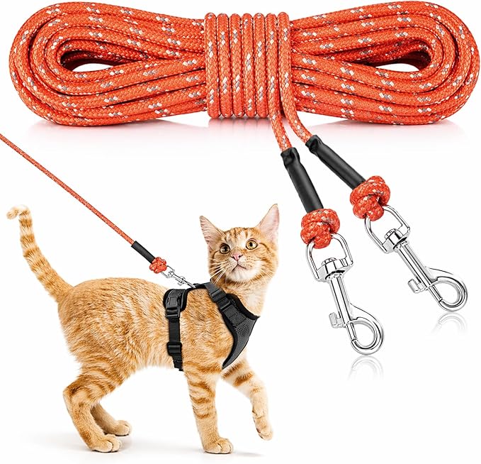 Rypet Reflective Cat Long Leash - 15 FT Escape Proof Walking Leads Yard Long Leash Durable Safe Personalized Extender Leashes Traning Play Outdoor for Kitten, Puppy, Rabbit and Small Animals