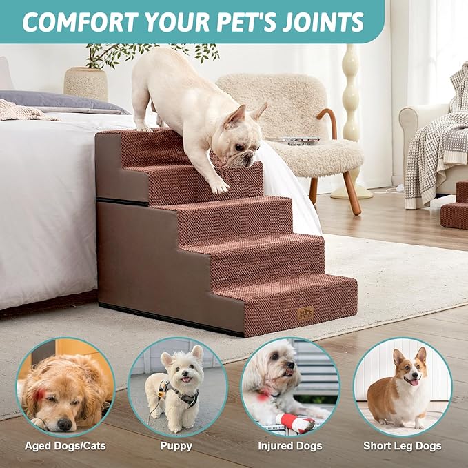COZY KISS Dog Stairs with Detachable Zipper, 19.7" Extra Wide Right-Angle Pet Stairs for Bed, Anti-Slip Dog Steps for Lowrider and Puppy, Elderly Cats with Support Board, 19.7x29.5x23.6 inch, Brown
