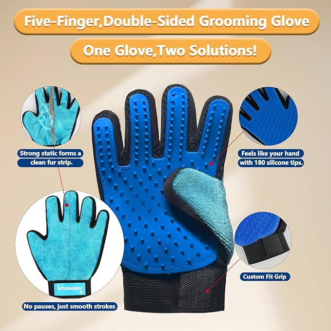 Multi-Function Double-Sided Grooming Glove – Electrostatic Pet Hair Removal Mitt for Dogs & Cats, Gentle Brush & Fur Cleaner for Furniture & Clothing 1pcs (Blue, Left Hand)