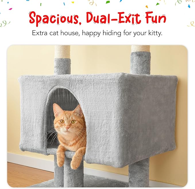 Cat Tree, Floor to Ceiling Cat Tower Adjustable Height [92.9-102.4 in=235-258cm], 7 Tiers Cat Climbing Play House with Scratching Post, Cozy Condo&Hammocks for Indoor Cats, Light Grey