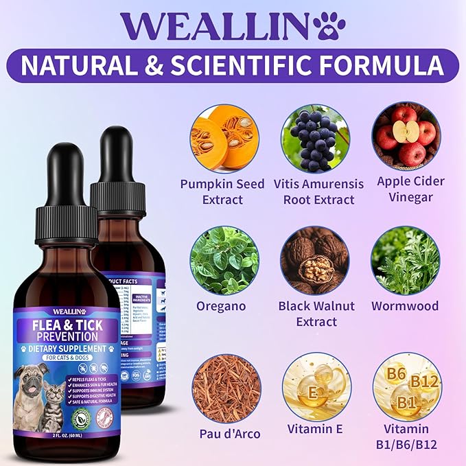 WEALLIN Flea and Tick Prevention for Cats and Dogs Natural Flea Treatment Support Drops with Multivitamin for Pets Oral Natural Supplement Flea and Tick Treatment Drops for All Breeds and Ages