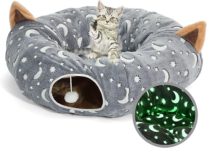 Cat Tunnel Bed Under Christmas Tree with Plush Ball Toy Playground Crinkle Collapsible Self-Luminous Flannel Fabric 3FT for Large Cats Kittens Kitty Small Animals Puppy Grey Moon Star