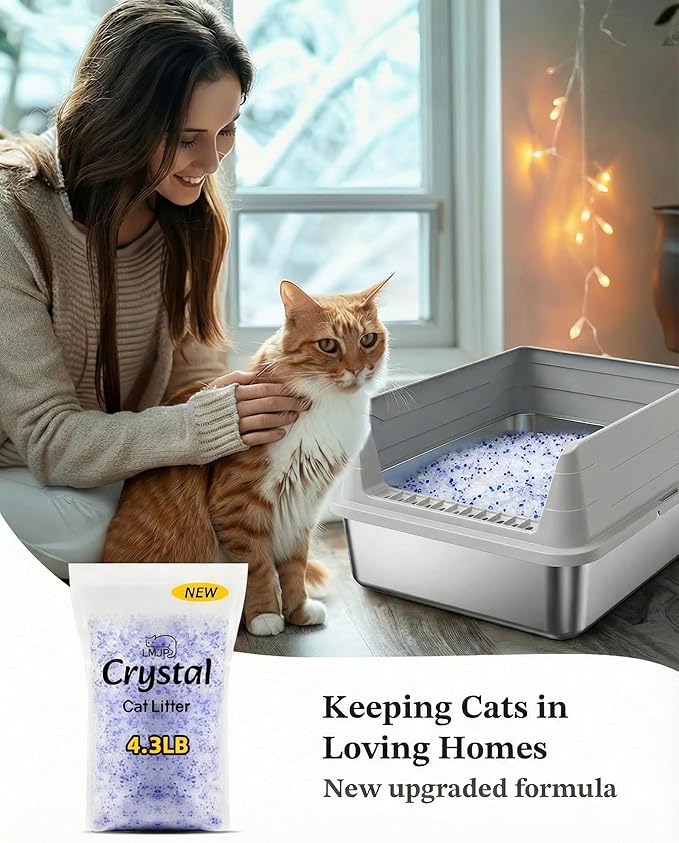 LMJP Crystal Cat Litter with Powerful Odor Control, Non-Clumping, Lasts Up to 2 Months, 8.6lb, Rapid Water Absorption, Unscented & Low Tracking Lightweight Blue & White Silica, 2 Pack of 4.3lb