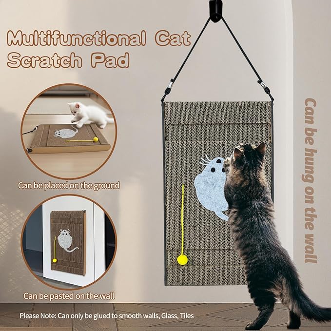 Cat Scratching Board. Cat Scratcher for Indoor Cats with Catnip. Cardboard Cat Scratcher with Mouse Logo and Hanging Ball Toy. Cat Scratch pad with Double-Sided Usability (Pack of 2)