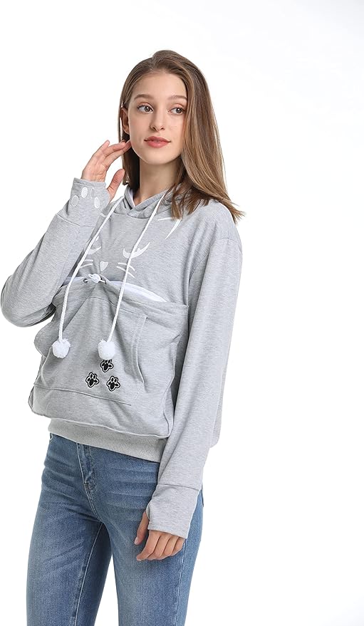 ALYC Unisex Hoodies Pet Holder Cat Dog Kangaroo Pouch Carries Pullover with Cat Printing Sweatshirt (Light Grey, L)