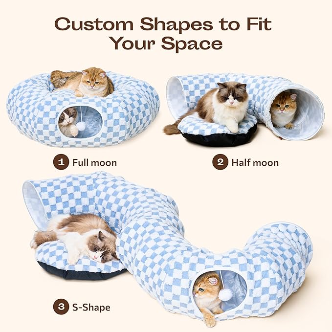 Meowfia Indoor Cat Tunnel with Donut Bed - Large Flexible Play Space for Multiple Pets - Circle or Snake Shape, Cozy Lounge (Azure Check)