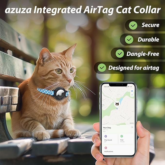 azuza AirTag Cat Collar Breakaway, Integrated Cat Collar with Air Tag Holder Safety Lightweight GPS Tracker Holder for Cats, Blue Plaid, Cats (9"-13")