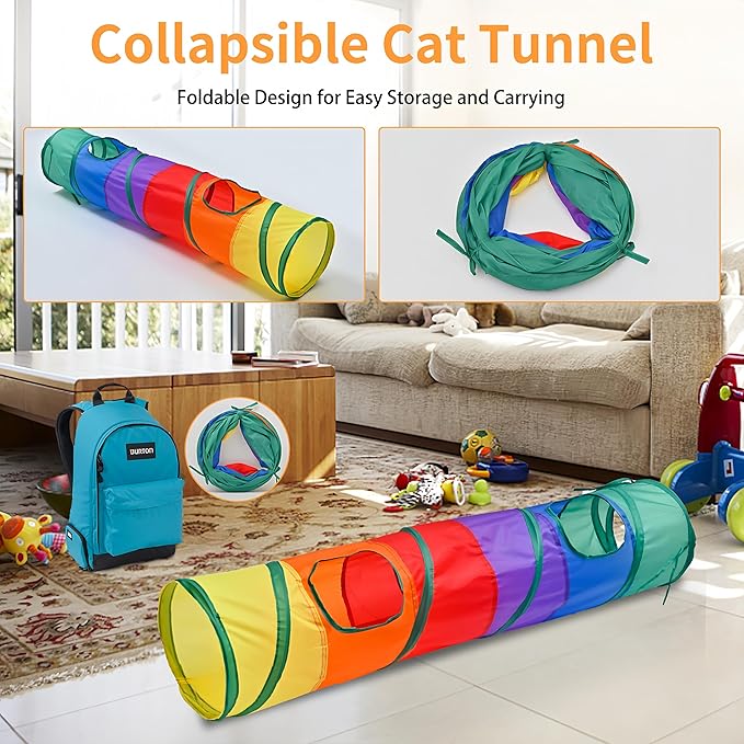 iCAGY 25 Pcs Cat Toys for Cats, Indoor Kittens - Interactive Variety Pack, 45 inches Rainbow Cat Tunnel, Feather Teaser, Feather Golf, Mice, Springs, Balls, Noise Toys - Rainbow/Colorful 45"