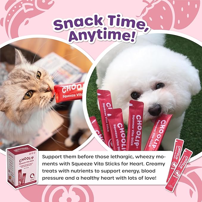 Choolip Squeeze Vita Stick Heart Support Cat and Dog Treats – 49-Count Salmon & Tuna Sticks with CoQ10, Taurine and L-Carnitine – Box with 7 Pouches, Vet-Formulated for Heart Health