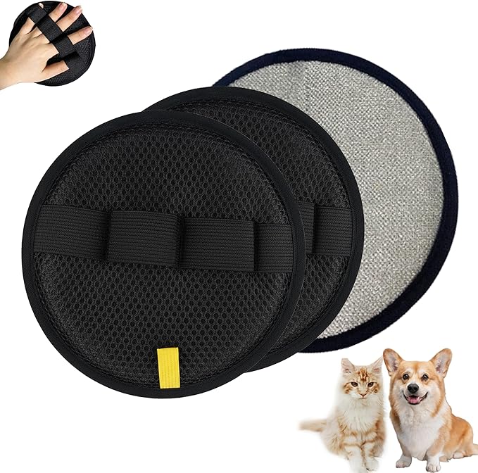 2Pack Pet Hair Removal Glove for Cats and Dogs, Four-Finger Circular Design with Soft Lining and Hanging Loop, Reusable Pet Grooming Gloves for Clothing, Carpet, Car Seats (Black)