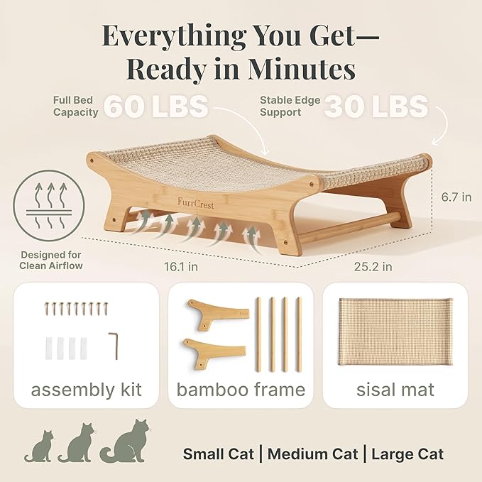XL Sisal Cat Scratcher Bed with Elevated Hammock for Indoor Cats, Replaceable Natural Sisal Pad, Large Cat Lounge, Anti-Slip No-Wobble Bamboo Frame, Natural Grey