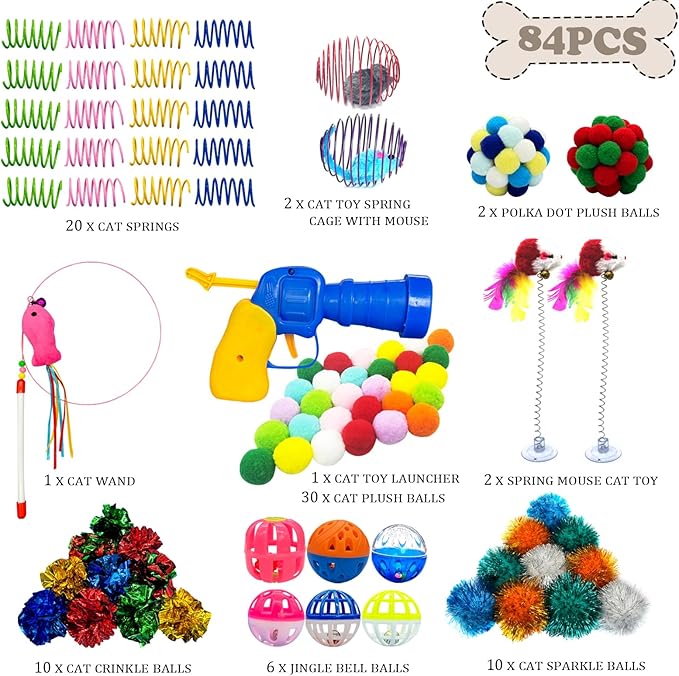 HerMia Colorful Cat Toys Bulk for Indoor Cats, 84 Pcs Interactive Kitten Toys Set, Cat Toy Cat Toy Bundle for Multiple Cats with Plush Balls Launcher & Teaser Wand, Includes Crinkle Balls, Springs
