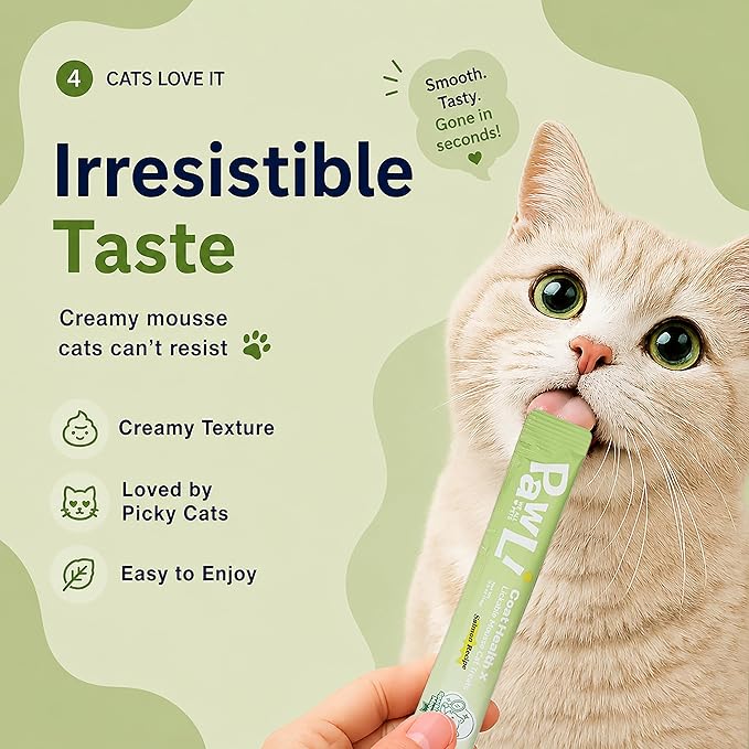 PAWLI Skin & Coat Lickable Cat Treats, Squeeze Cat Treats for Shedding Control & Healthy Fur, Cat Treats for Skin and Coat Support, Grain-Free, 7 Count (3.5 oz Total)