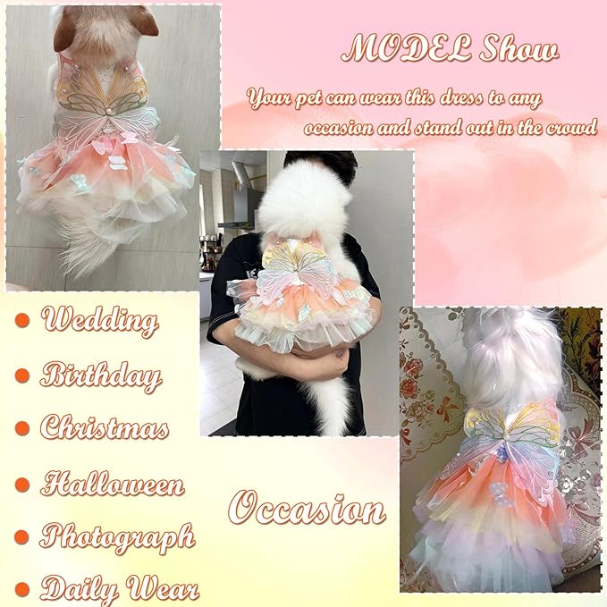 BAMY Butterfly Wings Dog Dress Summer Pet Wedding Skirt Lace Princess Tutu Cute Party Cat Outfit for Small Medium Dogs (Colorful, L (Chest 19.7inch/ 50cm))