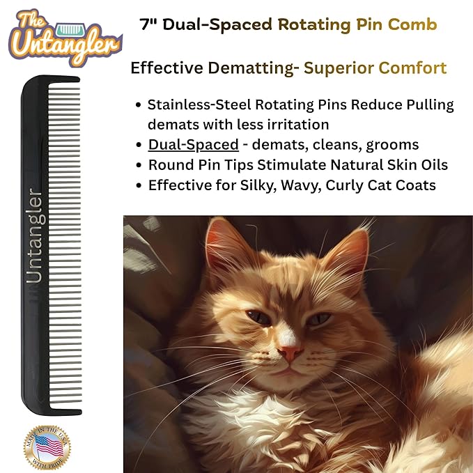 Cat Comb with silky smooth rotating teeth- clears mats gently and easily (5" has ultra fine spaced teeth; 7" dual-spaced teeth) (Onyx Black, 7")