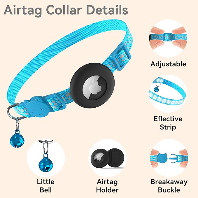 Meliya Airtag Cat Collar Breakaway with Bell, Adjustable Reflective Pet Kitten Collar with Apple Air Tag Holder Case for Girl Boy Cats (Footprints Blue)