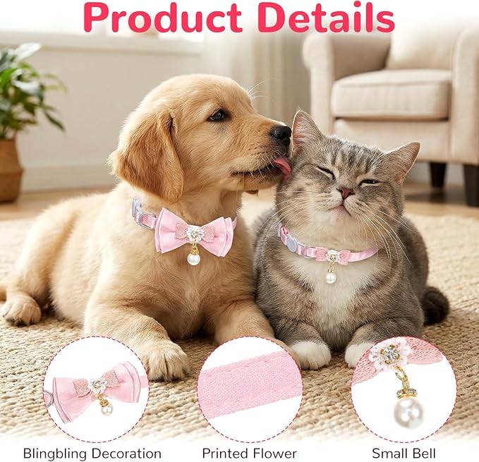 cobee 2 Pcs Breakaway Cat Collar, Adorable Cat Collar with Bowtie Bell Adjustable Kitten Collars Pink Cats Collars Breakaway SafetyCollar for Girl Cats