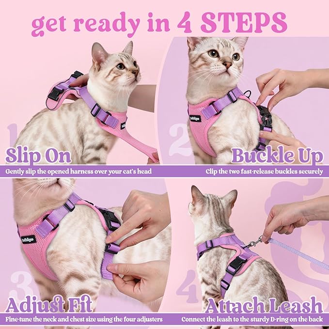 rabbitgoo Cat Harness and Leash for Walking, Escape Proof Soft Adjustable Vest Harnesses for Cats, Easy Control Breathable Reflective Strips Jacket, Pink & Purple, XS