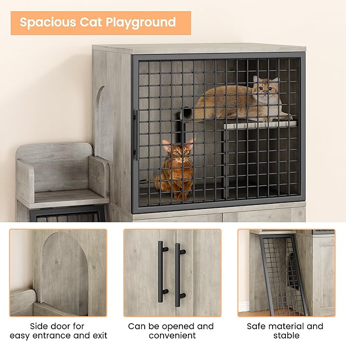 IDEALHOUSE Modern Cat Litter Box Enclosure with Platform, Double Layer Hidden Litter Box, Indoor Washroom, Villa Cat House with Ladder, 33.5" l x 17.9" w x 41.9" h,Grey