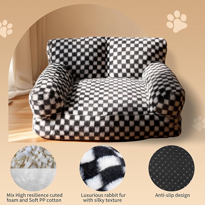 Faux Fur Cat & Dog Sofa Cat Couch Mini Cat Bed Indoor Human Style Pet Sofa, Modern Pet Furniture for Cats, Washable ＆ Removable Cover, for Cats and Small Medium Dogs (Black/White, Large(30X21 inch))