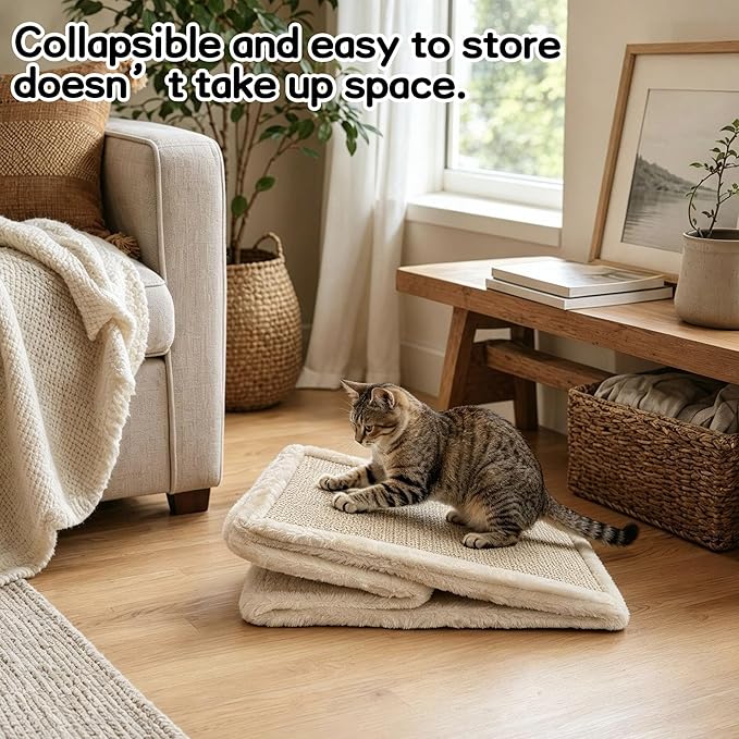 Cat Bed, 18"x10"x15.5" Creamy White Foldable Cat Beds for Indoor Cats, Cat House with Scratcher Board for Small Cats and Kittens