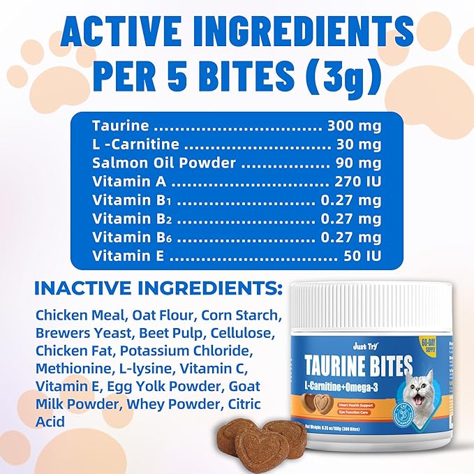 Just Try 16 OZ Taurine Treats with Coenzyme Q10 for Cats + 6.35 oz Cat Taurine Bites Coq10 Support Feline Heart Health
