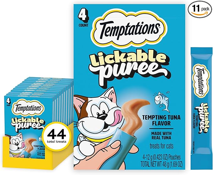 Temptations Creamy Puree Squeezable Lickable Cat Treats, Wet Cat Treats with Tuna, 0.42 oz. Tubes, 4 Count, Pack of 11 (44 Total)