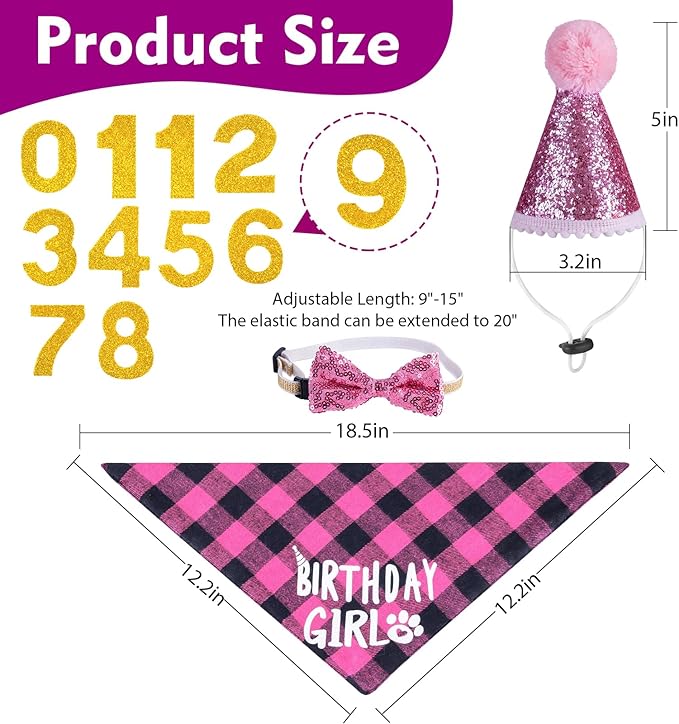 Cat Birthday Decorations, Pink Girl Cat Birthday Bandana Hat Numbers Bowtie for Cats Party Outfits
