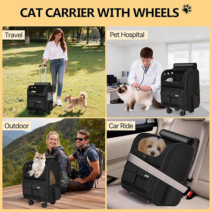 MGB Rolling Cat Carrier with Wheels: Dog Carrier for Small Dogs & Large Cats, Large Cat Carrier with YKK Zipper, Large Capacity, Breathable Mesh, Side Pocket, Black (Not for Airline)