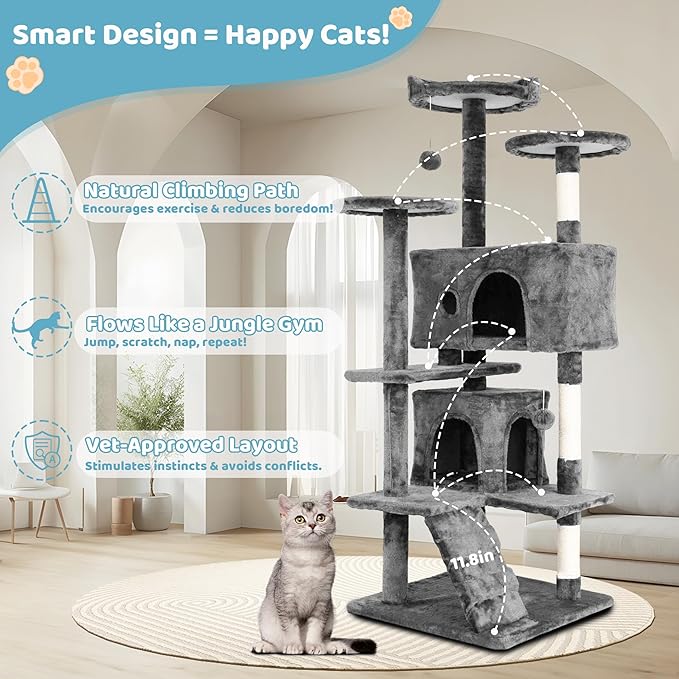 Cat Trees Towers for Large Cats 54" Tall - Cat House with Scratching Posts, Cozy Condo, Bed Cave, Climbing Ladder & Pom Pom Toys - Cat Furniture - Ashy Gray