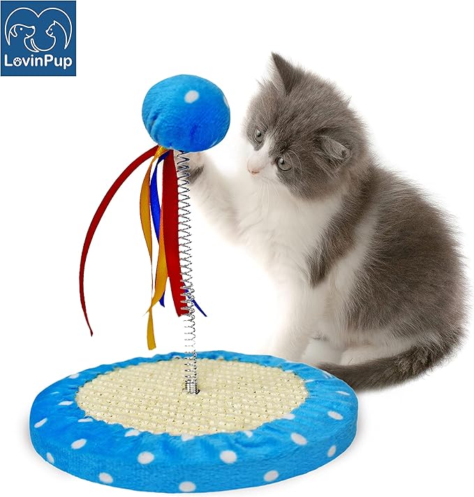 Small Cat Scratcher Toy Tree with Ball – Indoor Scratching Cat Toys with Colorful Ribbons + Durable Base – Stable & Compact 9.75-Inch Interactive Kitten Toys for Active & Entertained Kittens