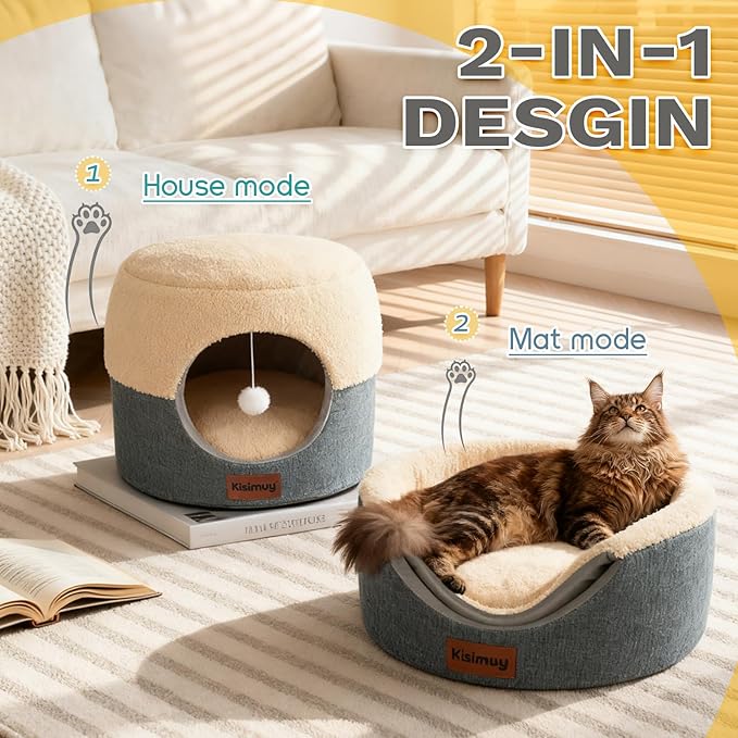2-in-1 Cat Cave Bed & Lounger with Reversible Plush Cushion, Cat Bed for Indoor Cats, Foldable Anti-Slip Cat House - Calming Cozy Hideaway for Kitten &Small Cats with Anxiety Relief, 15.7in