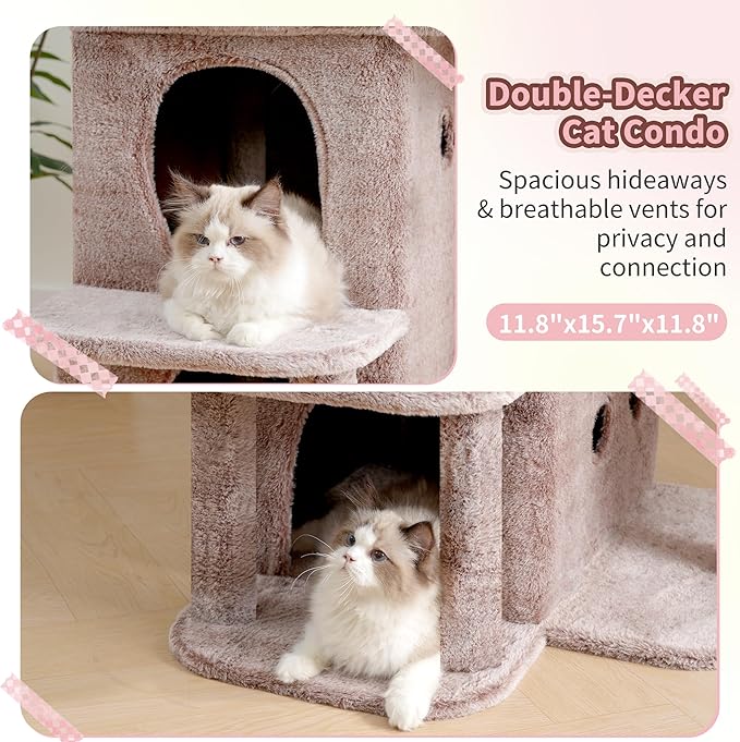 Heybly Cat Tree, 26.3-inch Cat Tower with Spacious Top Perch for Large Cats, Stair-Style Cat House Furniture with Dual-Layer Condos, Sisal Scratching Posts, Cozy Basket & Pompom, Muchroom HCT204SMU