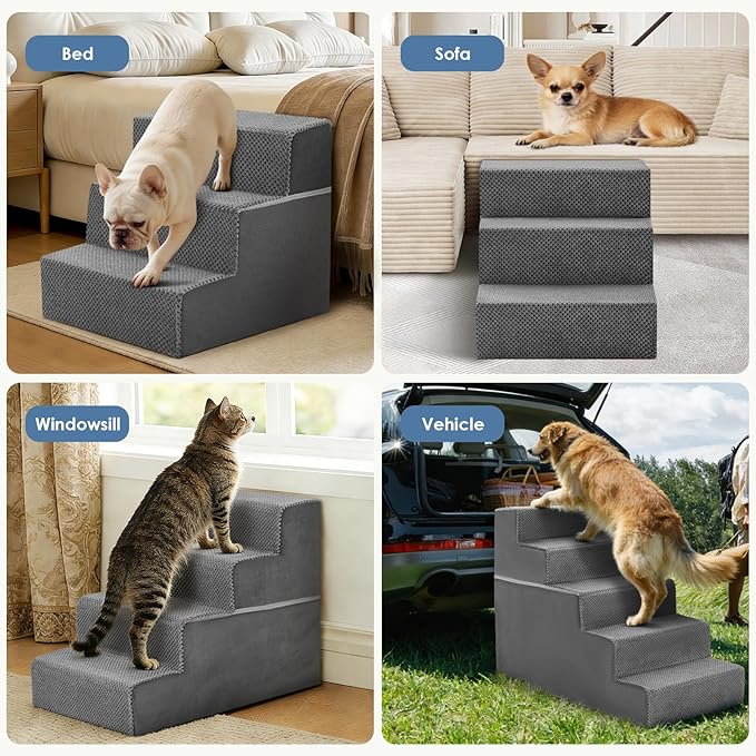 DUMOS Dog Stairs for Small and Medium Dogs, 3-Step Pet Steps with High-Density Foam, Indoor Non-Slip Pet Ramp for Puppy and Older Dogs Cats, Dog Bed Stairs for Couch and Sofa, Grey