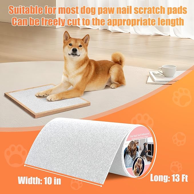 Pet Nail Self Adhesive Replacement Emery Paper Fits Most Dog Scratch Pad Cat Litter Box DIY on the Places Where Pets Like to Scratch Alternatives to Cat and Dog Nail Clippers (10in*13ft, White)