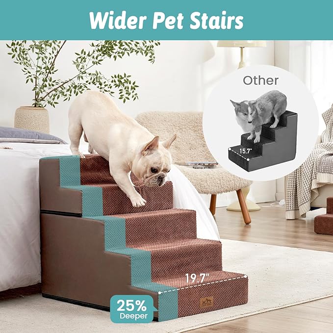 COZY KISS Dog Stairs with Detachable Zipper, 19.7" Extra Wide Right-Angle Pet Stairs for Bed, Anti-Slip Dog Steps for Lowrider and Puppy, Elderly Cats with Support Board, 19.7x29.5x23.6 inch, Brown