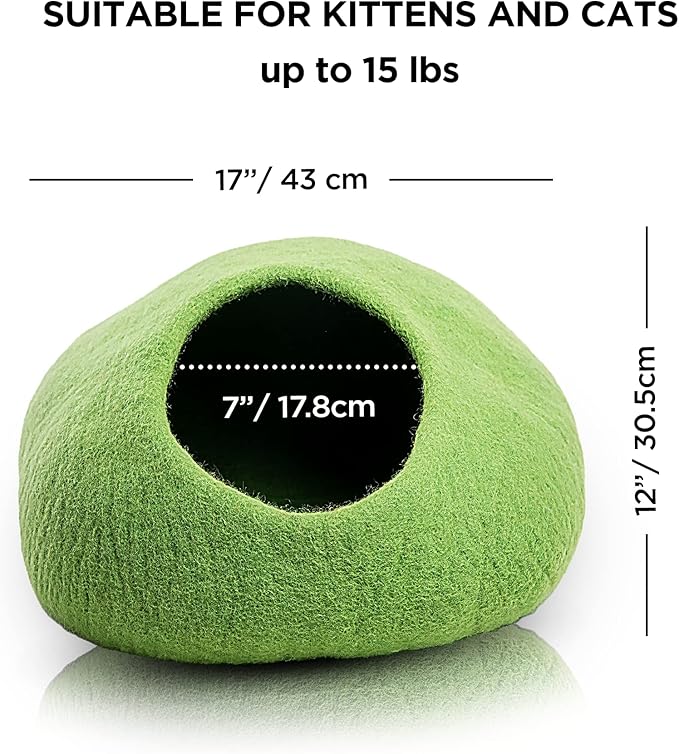 Woolygon Premium Felt Cat Cave Bed – Wool Kitty Beds Handcrafted Kitten Caves Bed for Indoor Cats - Made from Merino Wool, Foldable Cat Hideaway Covered Cat House Pod (Green Plain)