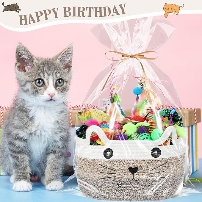 Zopeal 76 Pcs Graduation Cat Storage Basket Gift Toys Set Interactive Cat Toys Kitten Wand Colorful Flashing Balls Pet Crinkle Balls Attract Kitten to Swat, Hunt for Pet Indoor(Brown)