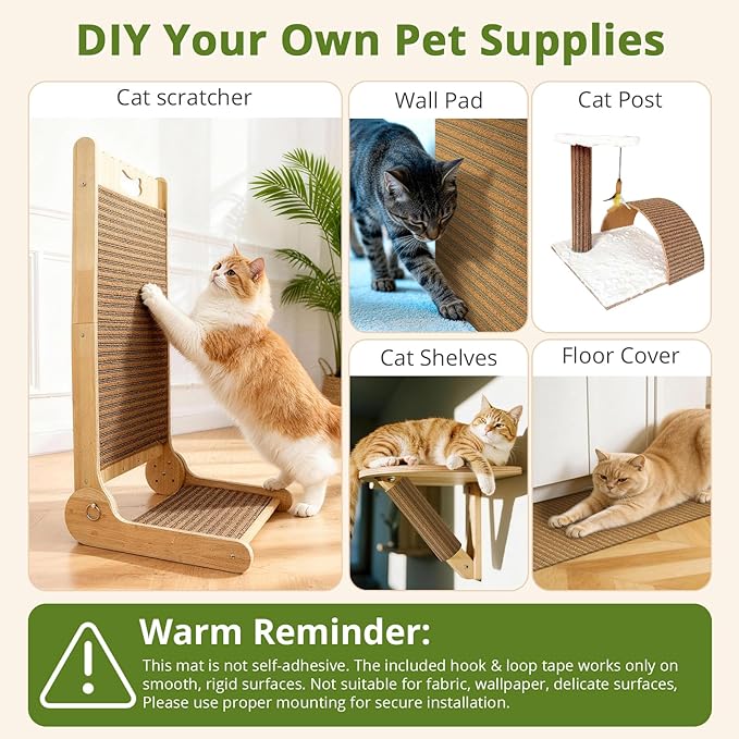 Natural Cork Cat Scratcher Mat with NO Preapplied Adhensive, Bonus 118inch Hook-Loop Tape. Cat Scratching Toy DIY, Replacement for Cat Tree, Post, Ramp and Wall Shelves (Oak Wood, 39.4 x 11.8 Inch)